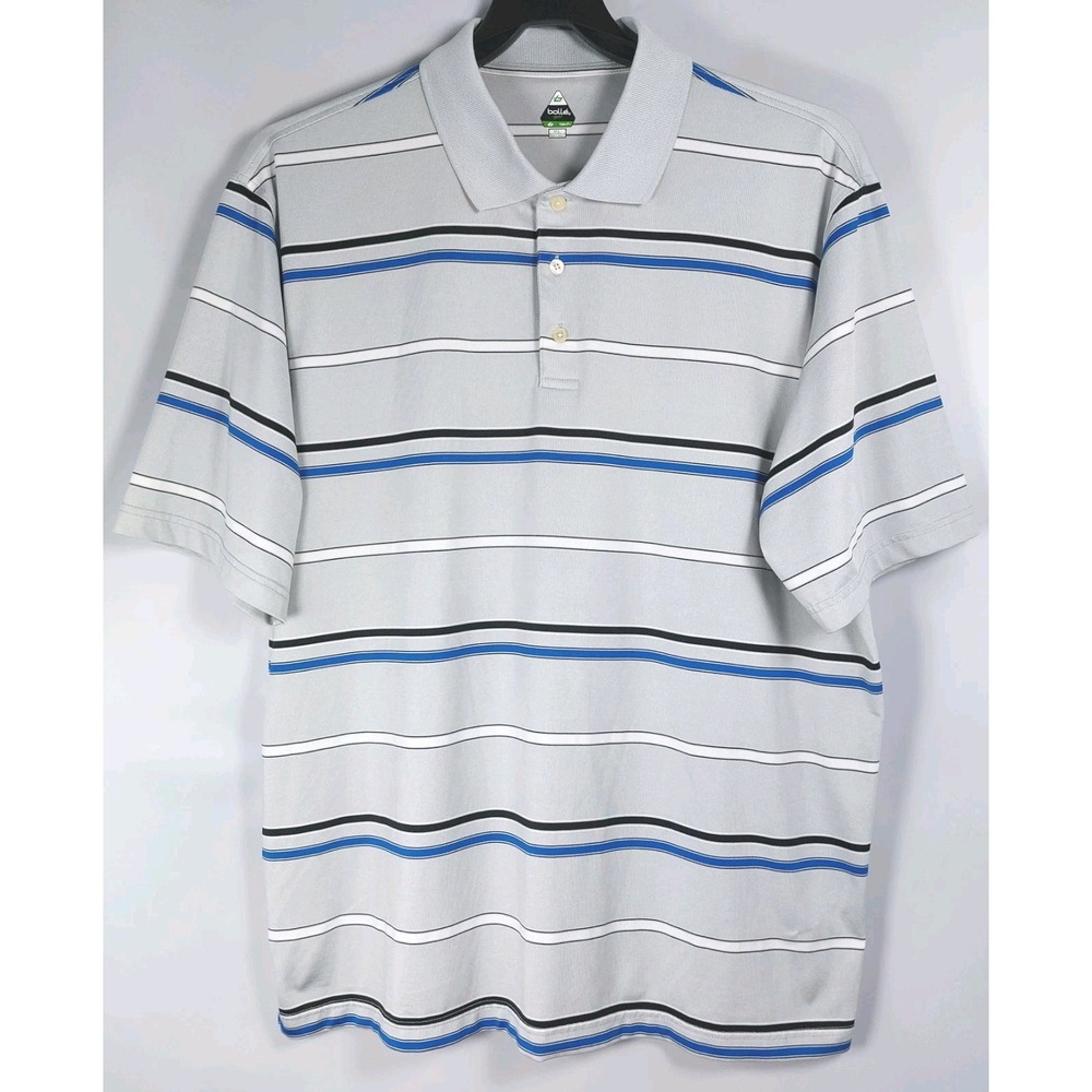 Bolle Polo Golf Shirt Mens Size XL Gray Short Sleeve Blue Black Stripe